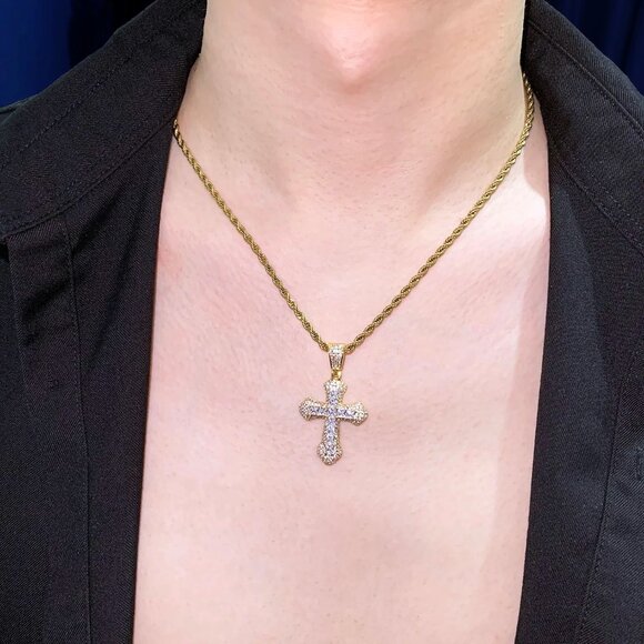 Iced Out Gold & Silver Color Cross Pendant For Men with Rope Chain - Picture 9 of 9